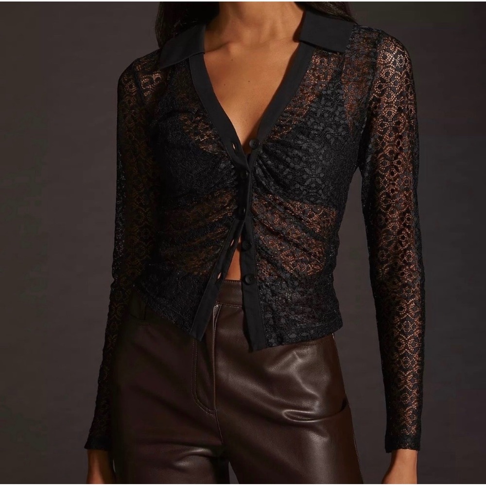 Maeve Lace Button Down Top Womens XS Black Sheer Collared Long Sleeve Blouse